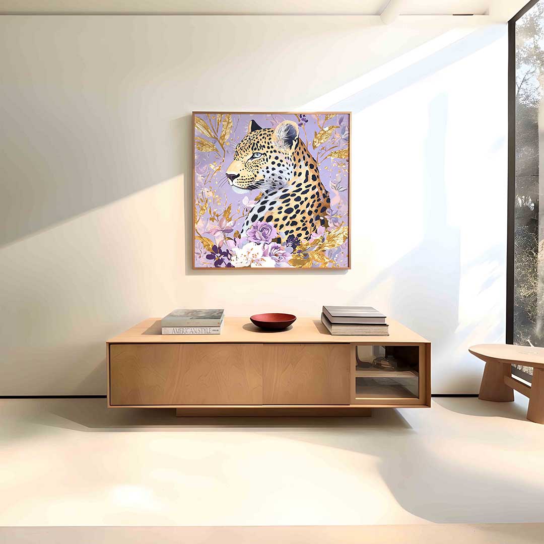 Luipaard met bloemen – vierkante dieren wanddecoratie van WallArtistic