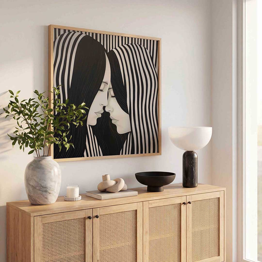 Twee gezichten met strepen – illustratie poster in vierkant formaat