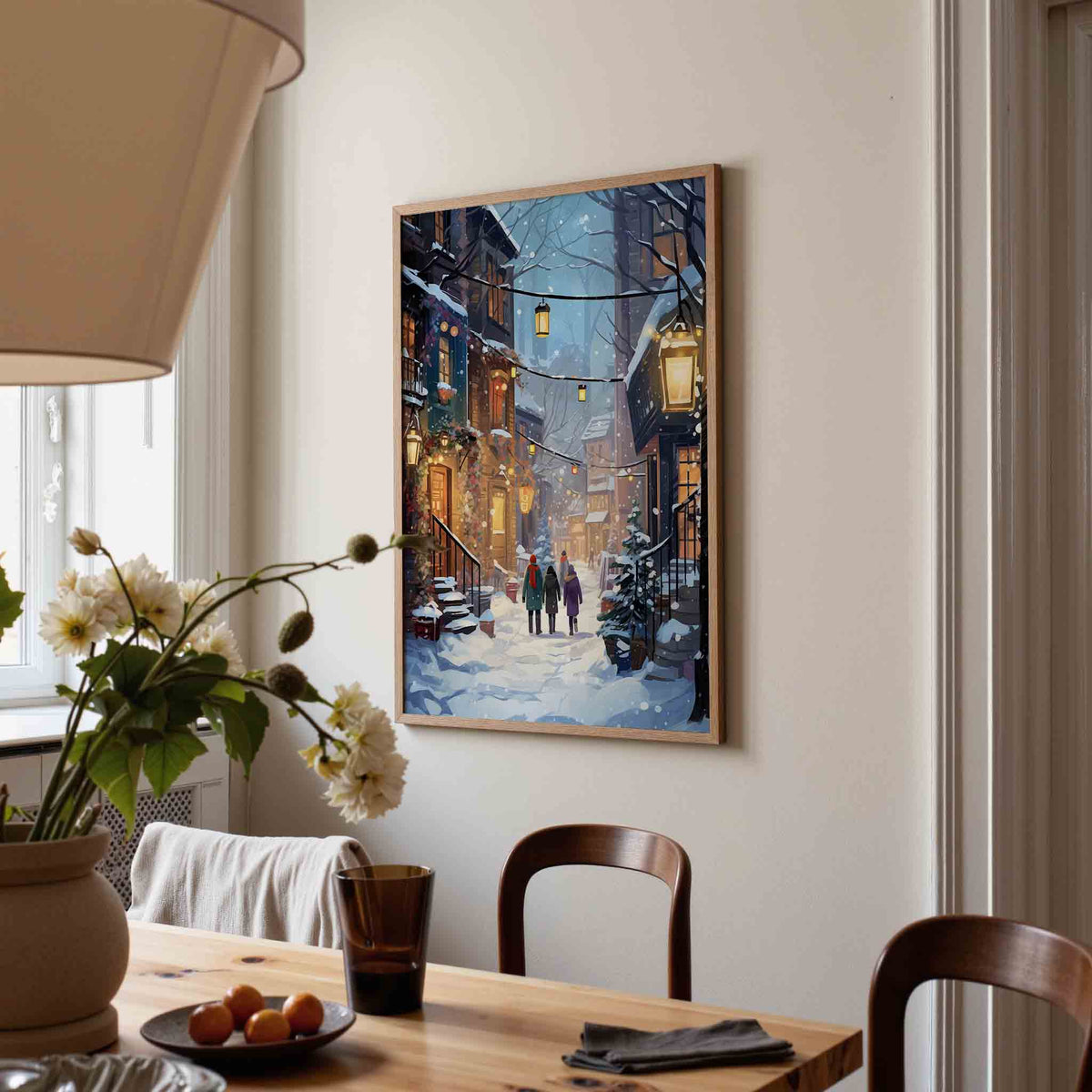 Winterse straat met lantaarns – kerstposter in staand formaat