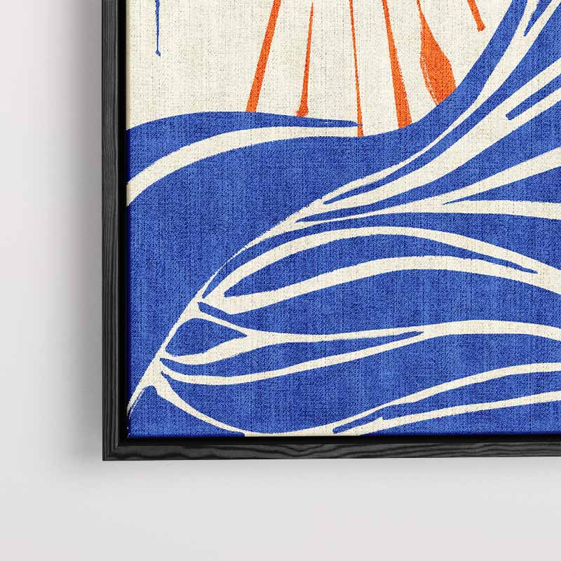 Zon en Golven Abstract – kunstwerk met zwarte baklijst
