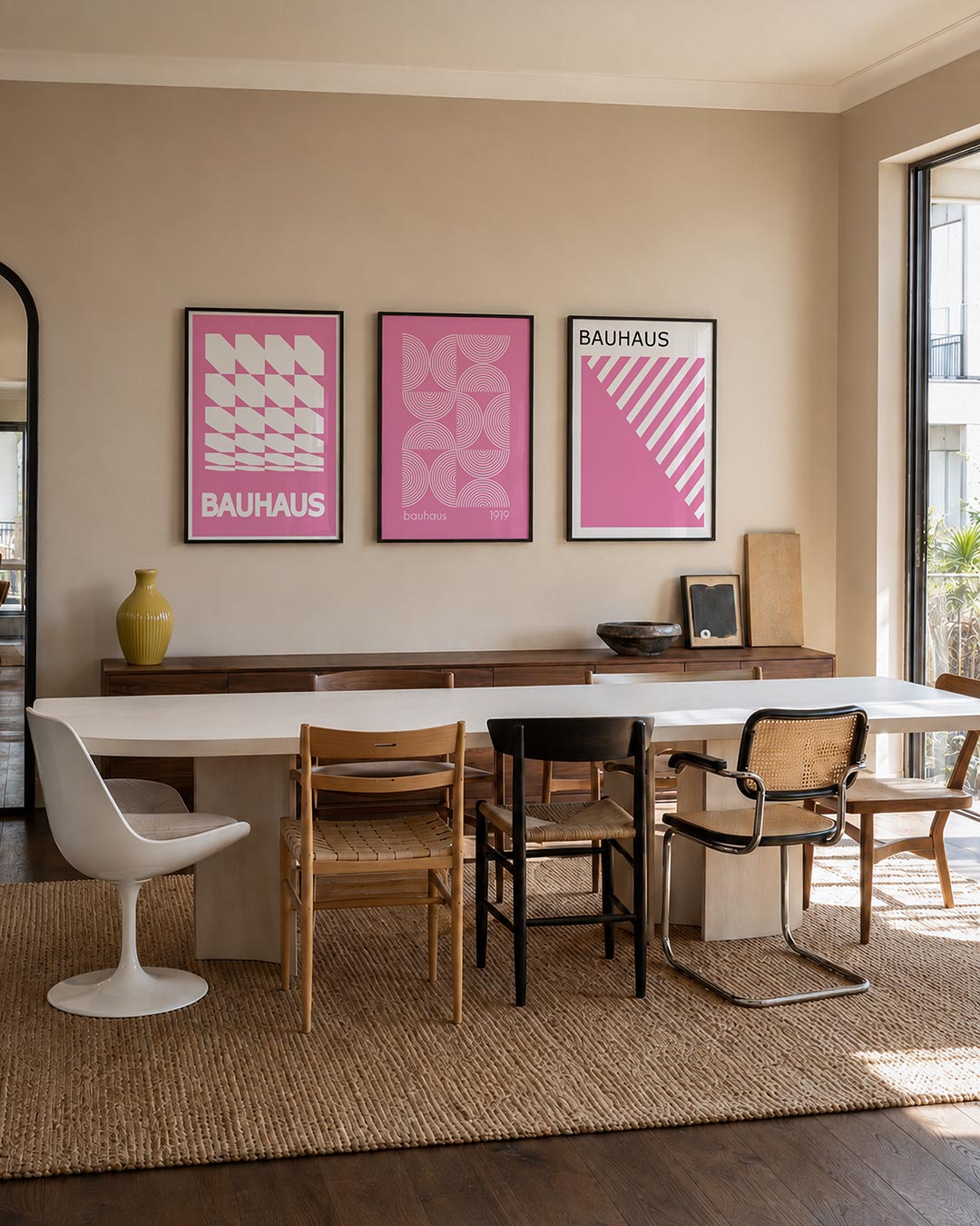 Vorm en kleur driedelige posterset – deze posterset in drie delen toont een ritmisch lijnenspel van witte vormen op een roze