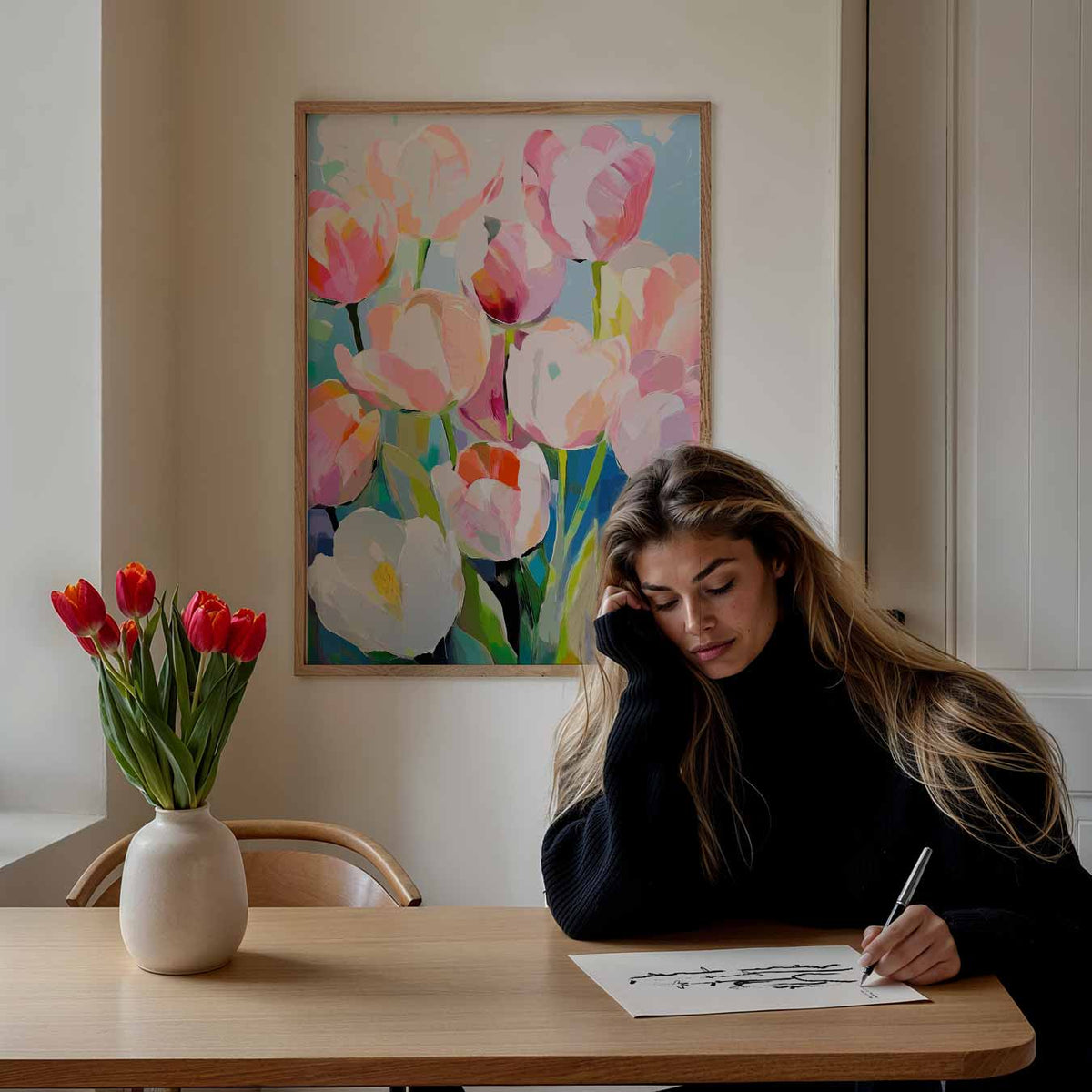 Kleurrijke Tulpenpracht – staande muurposter met zomerse uitstraling