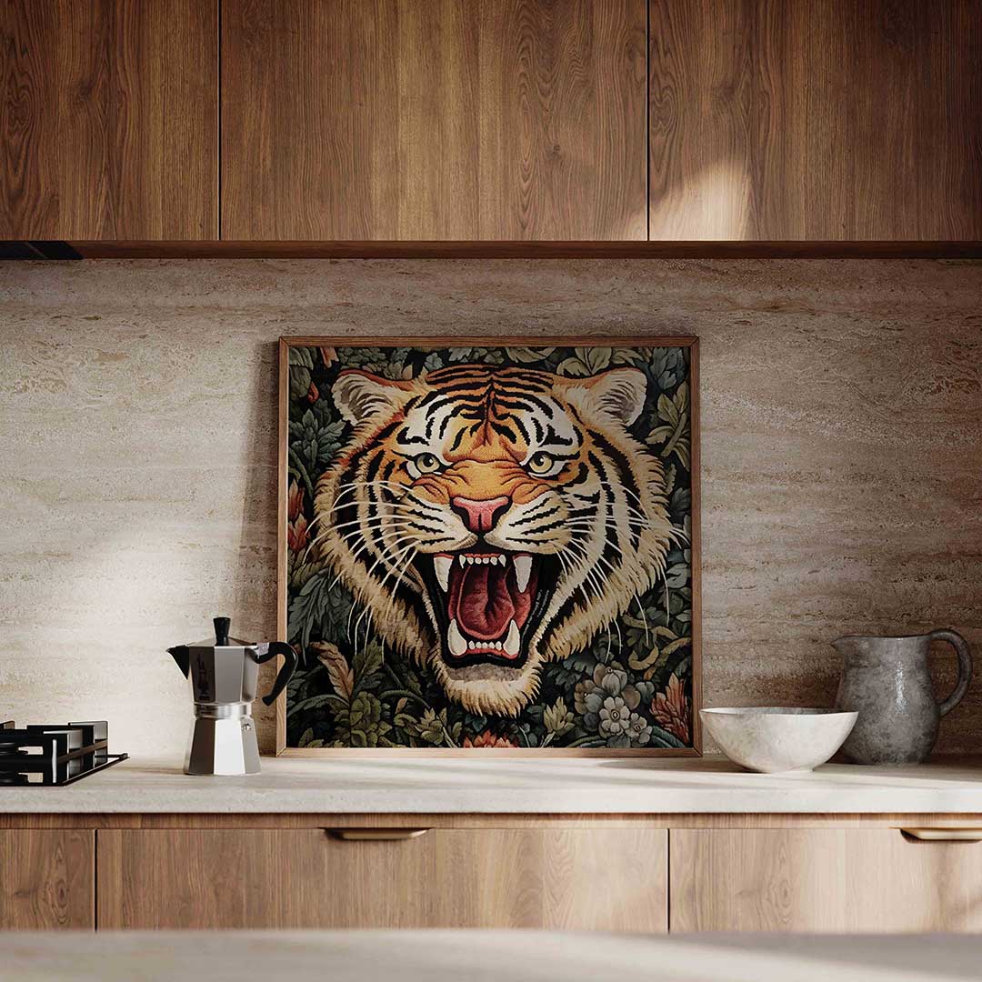 Tijger met bloemen – decoratieve wandkunst als vierkante poster