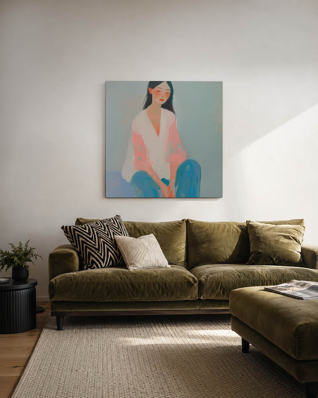 Dromerige vrouwenzitting kunstwerk – derde productweergave – dit werk toont een vrouw in een serene pose met zachte kleuren.