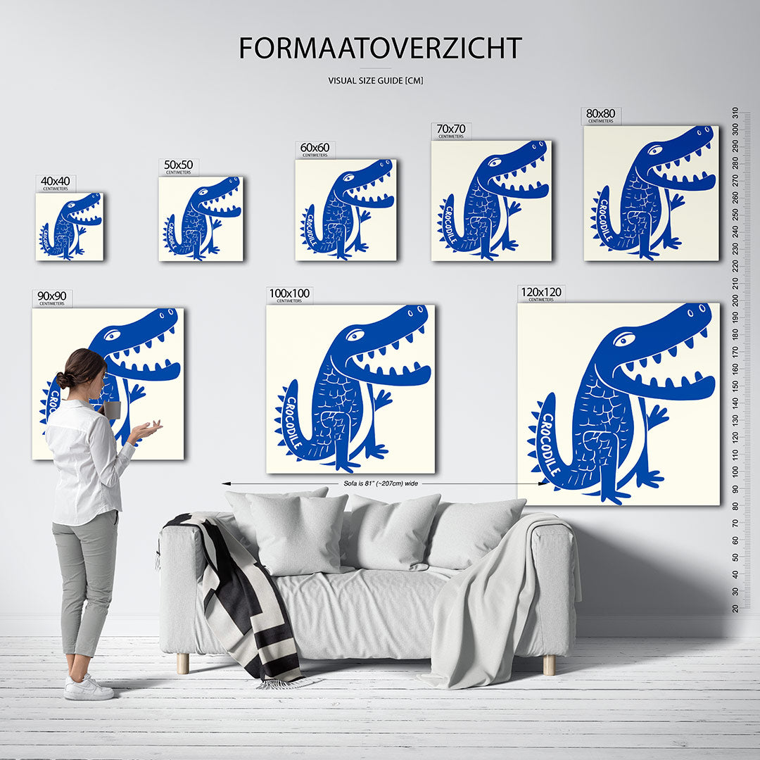 Speelse krokodil illustratie kunstwerk – dit werk toont een speelse blauwe krokodil met een grote glimlach en opvallende