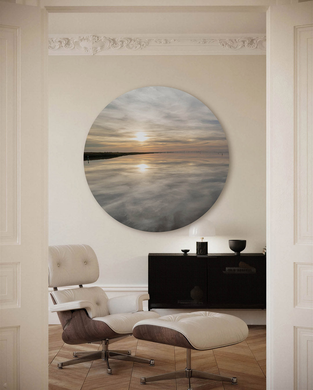 Zonsondergang reflectie – fotografische muurcirkel voor aan de muur