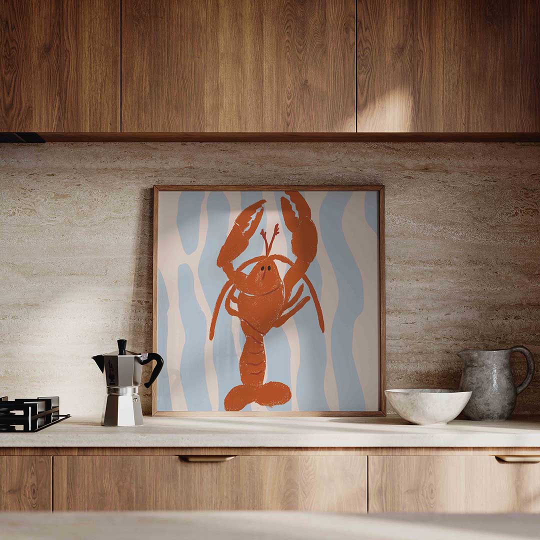 Kreeft op blauwe strepen – culinaire wandkunst als vierkante poster