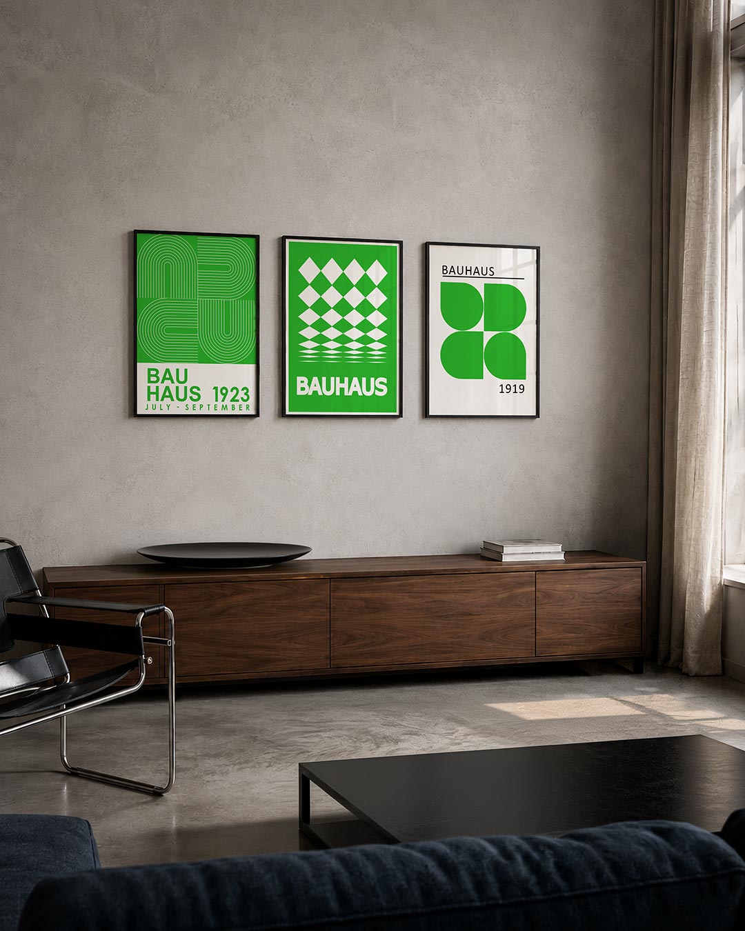 Lijnen en kleurvlakken driedelige posterset – deze posterset in drie delen toont een levendig spel van groene en witte