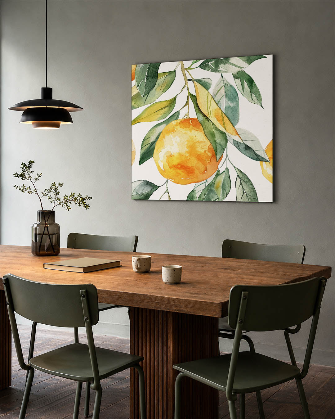 Citrus en bladeren kunstwerk – tweede productweergave – dit werk toont een levendige compositie van oranje citrusvruchten en