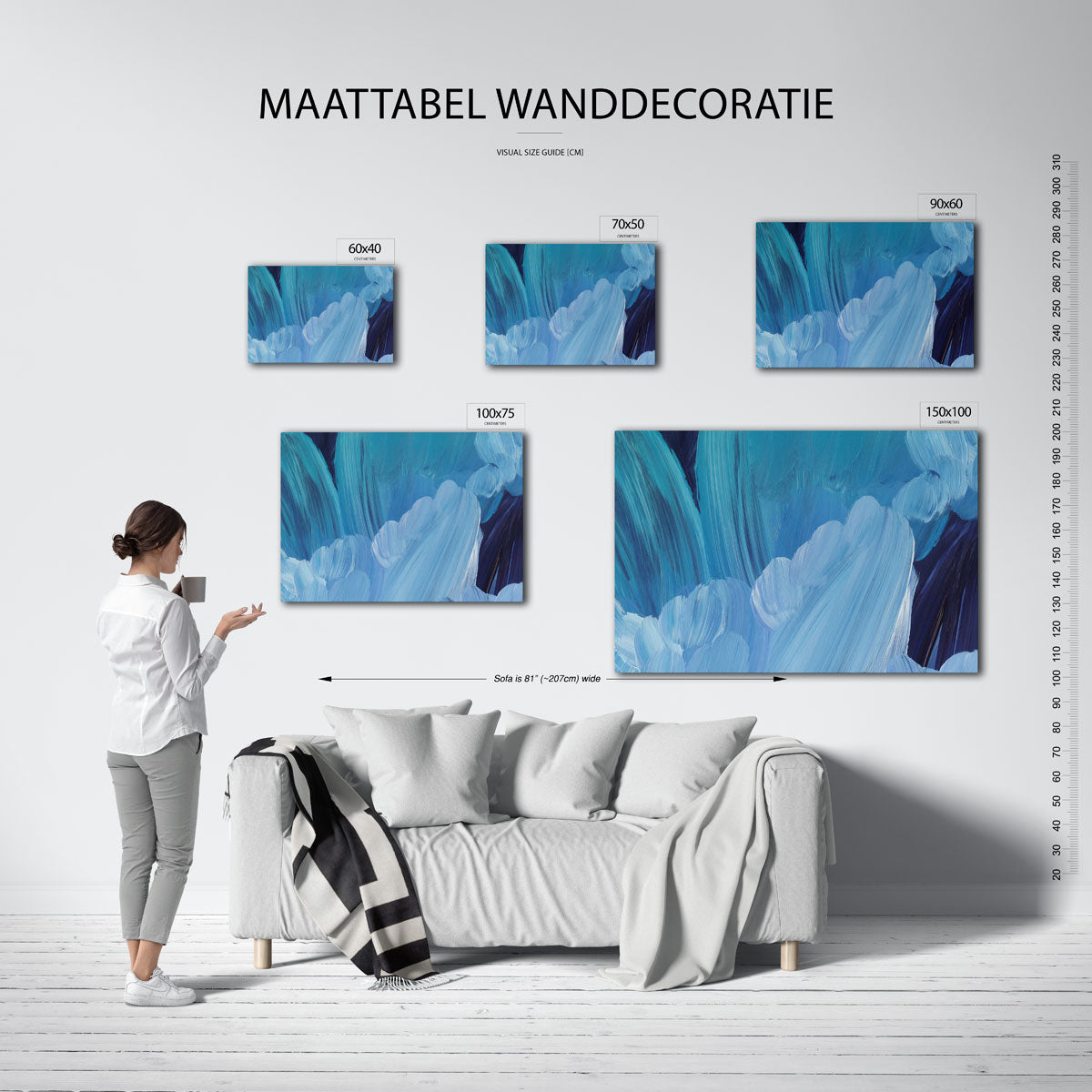 Dynamische blauwe borstels – Blauwtinten – moderne liggende wandkunst