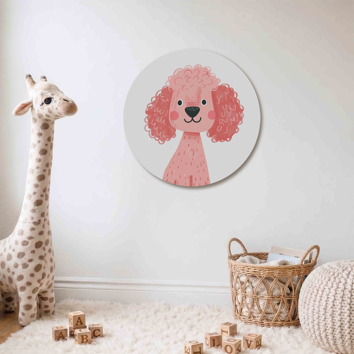 Roze hond Muurcirkel – Een roze hond met krullend haar en een vriendelijke uitdrukking.