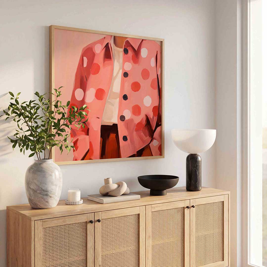 Roze jas met stippen – illustratie poster in vierkant formaat