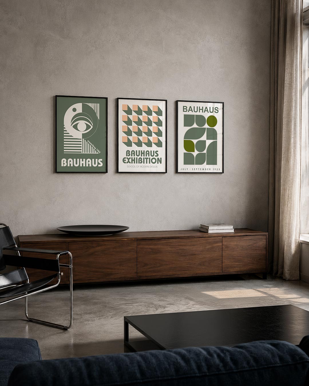 Oog en lijnen driedelige posterset – een grafische compositie met een groot oog centraal, omringd door strakke lijnen en