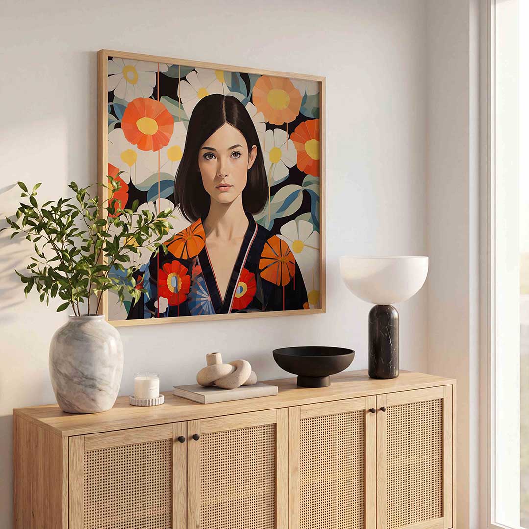 Vrouw met bloemen – kunst en design poster in vierkant formaat