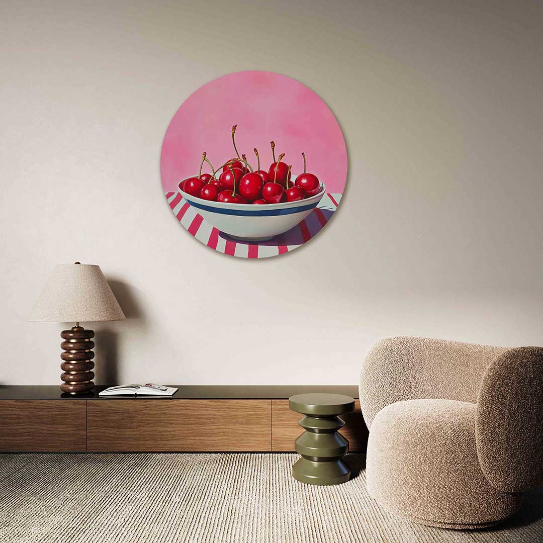 Kersen in schaal – abstracte muurcirkel als ronde wanddecoratie