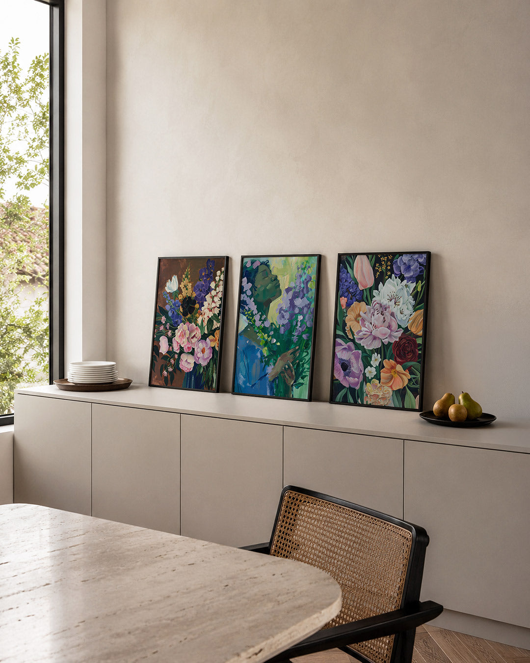 Bloemenpracht posterset – detailweergave – deze posterset toont een levendige bloemencompositie met