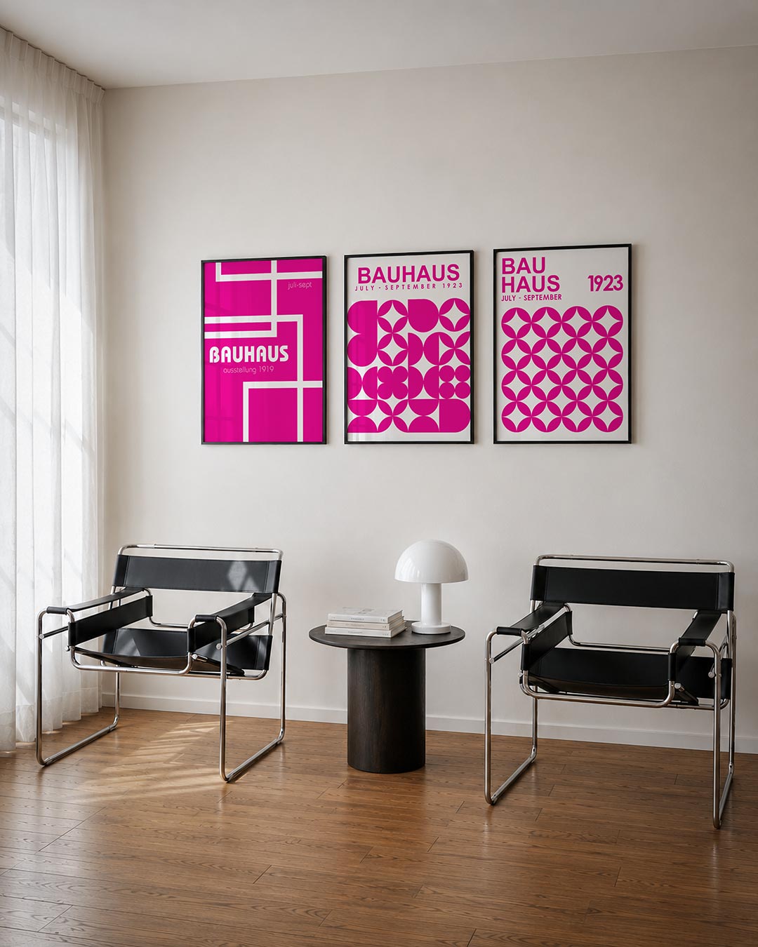 Lijnen en kleurvlakken posterset – tweede productweergave – deze posterset in drie delen toont een speels lijnenspel met roze