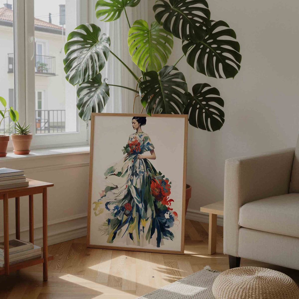 Vrouw in bloemenjurk – staande botanische wanddecoratie van WallArtistic