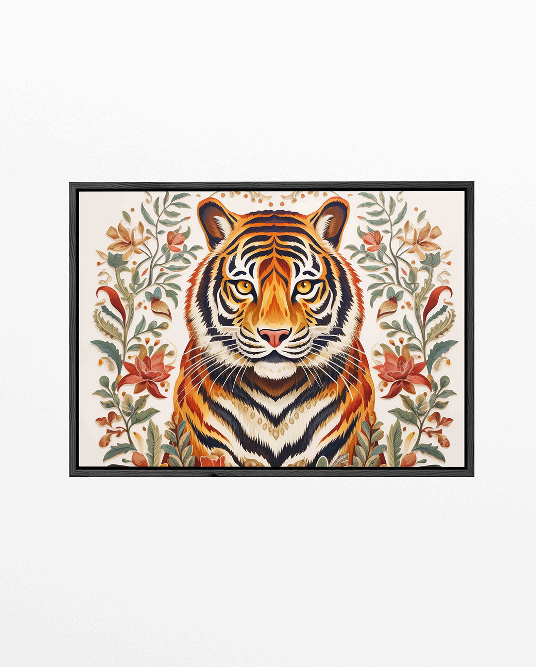 Tijgerportret met bloemen – liggend wanddecoratie kunstwerk