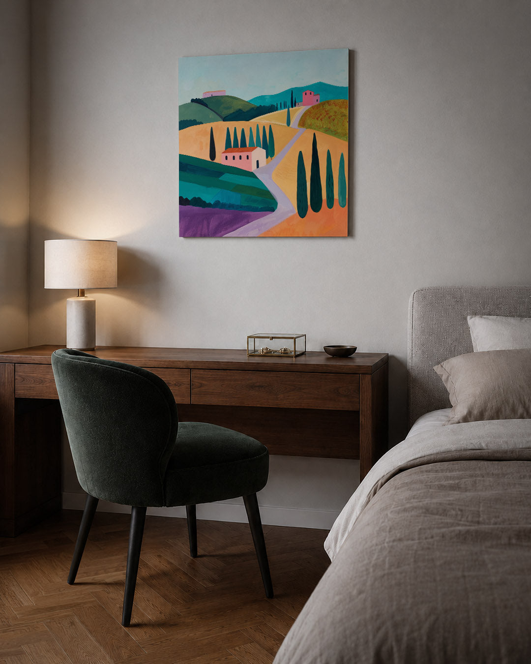 Landschap met heuvels kunstwerk – sfeerbeeld – dit kunstwerk toont een kleurrijk landschap met glooiende heuvels en slanke