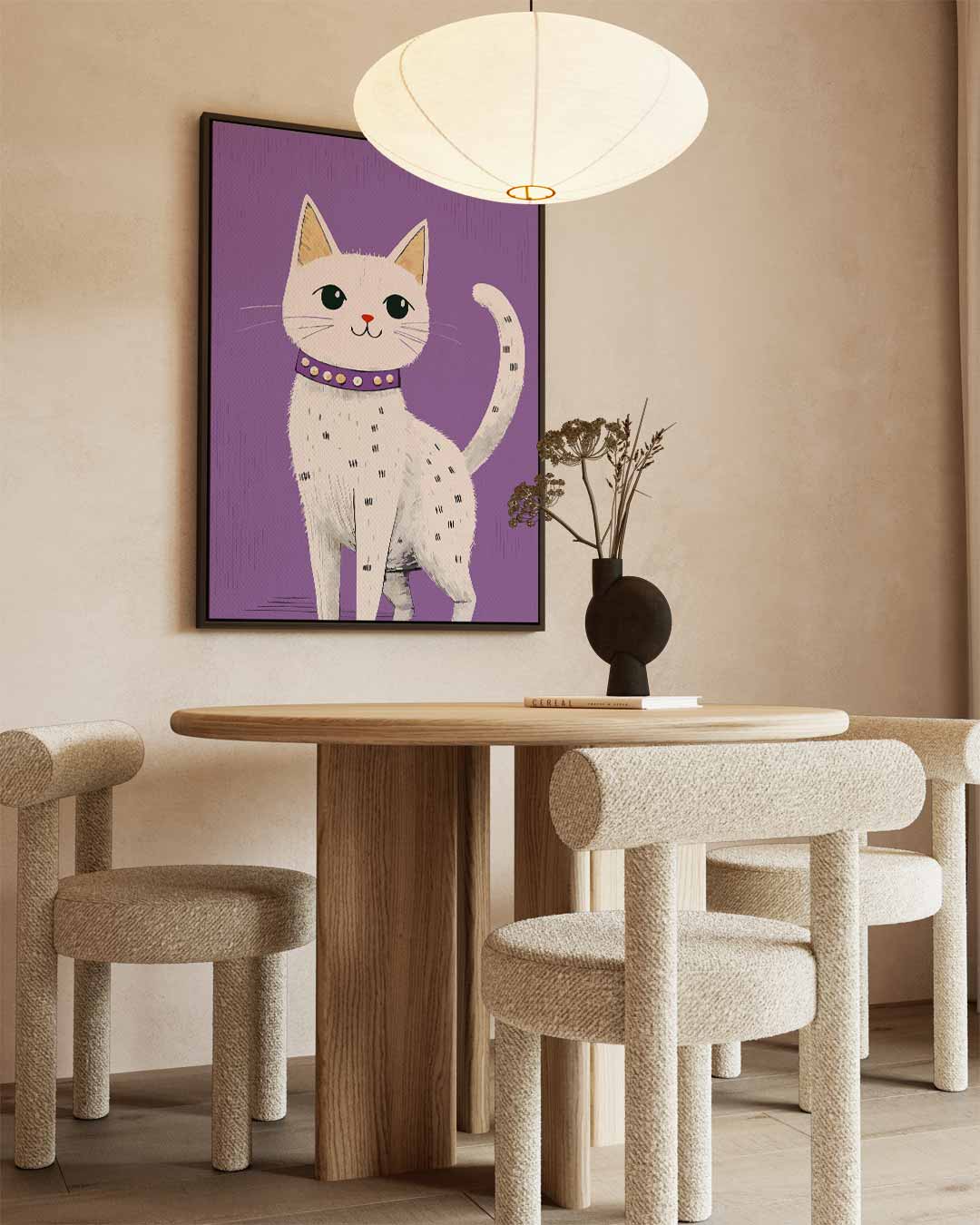 Kat op Paarse Achtergrond – staand kunstwerk voor modern interieur