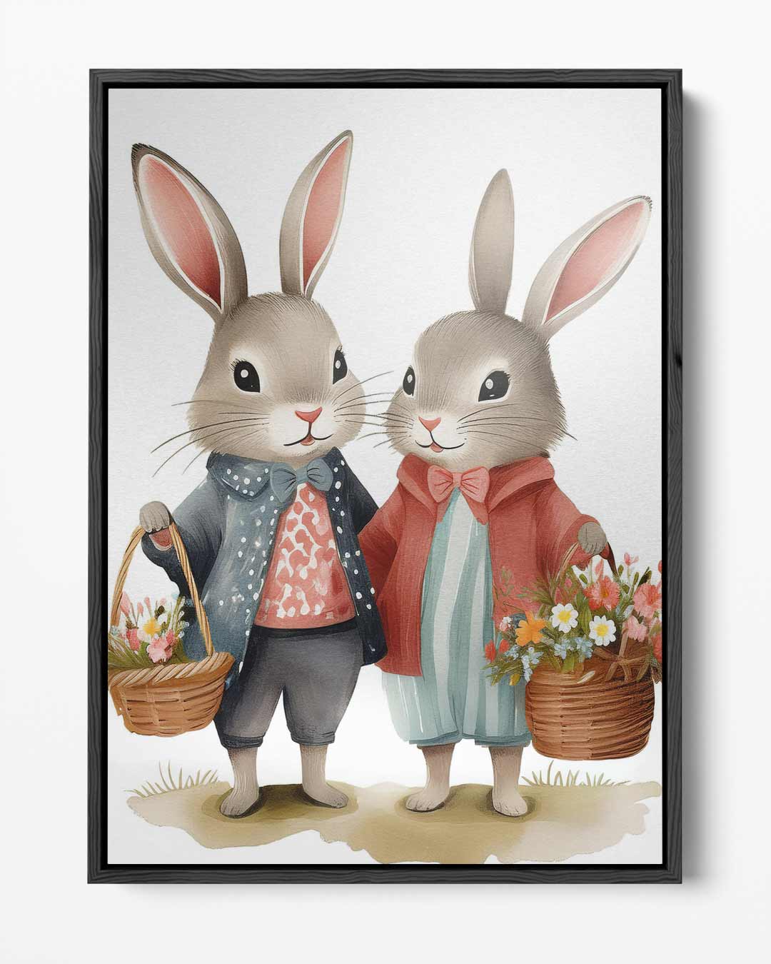 Schattige Konijntjes met Bloemenmanden – portret kunstwerk als wanddecoratie