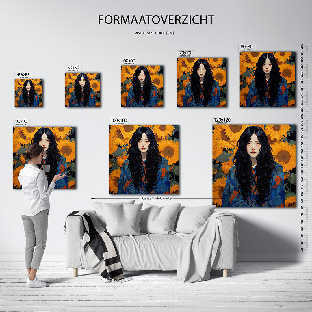 Vrouw met zonnebloemen kunstwerk – sfeerbeeld – dit werk toont een vrouw met lange donkere haren, omgeven door levendige