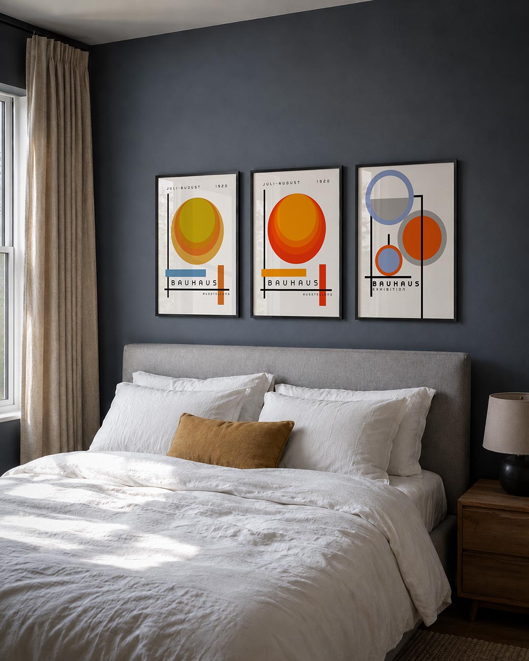 Cirkel en lijnen posterset – derde productweergave – deze posterset in drie delen toont een grote gele cirkel met oranje