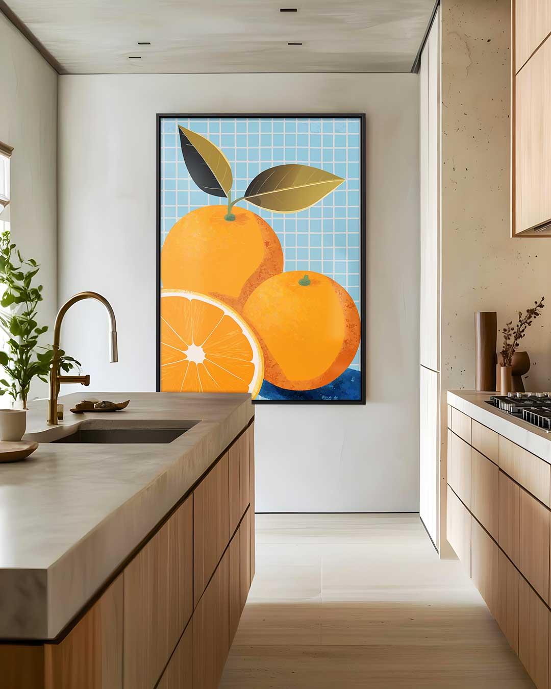 Vrolijke Sinaasappels op Blauw – staand kunstwerk voor modern interieur