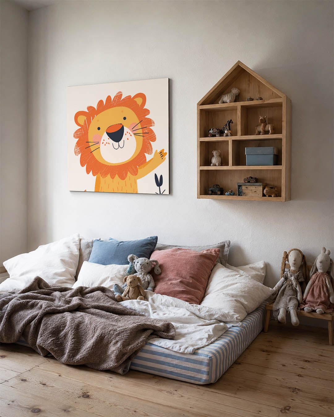 Vrolijke leeuw illustratie kunstwerk – derde productweergave – dit werk toont een vrolijke leeuw met een speelse uitstraling.