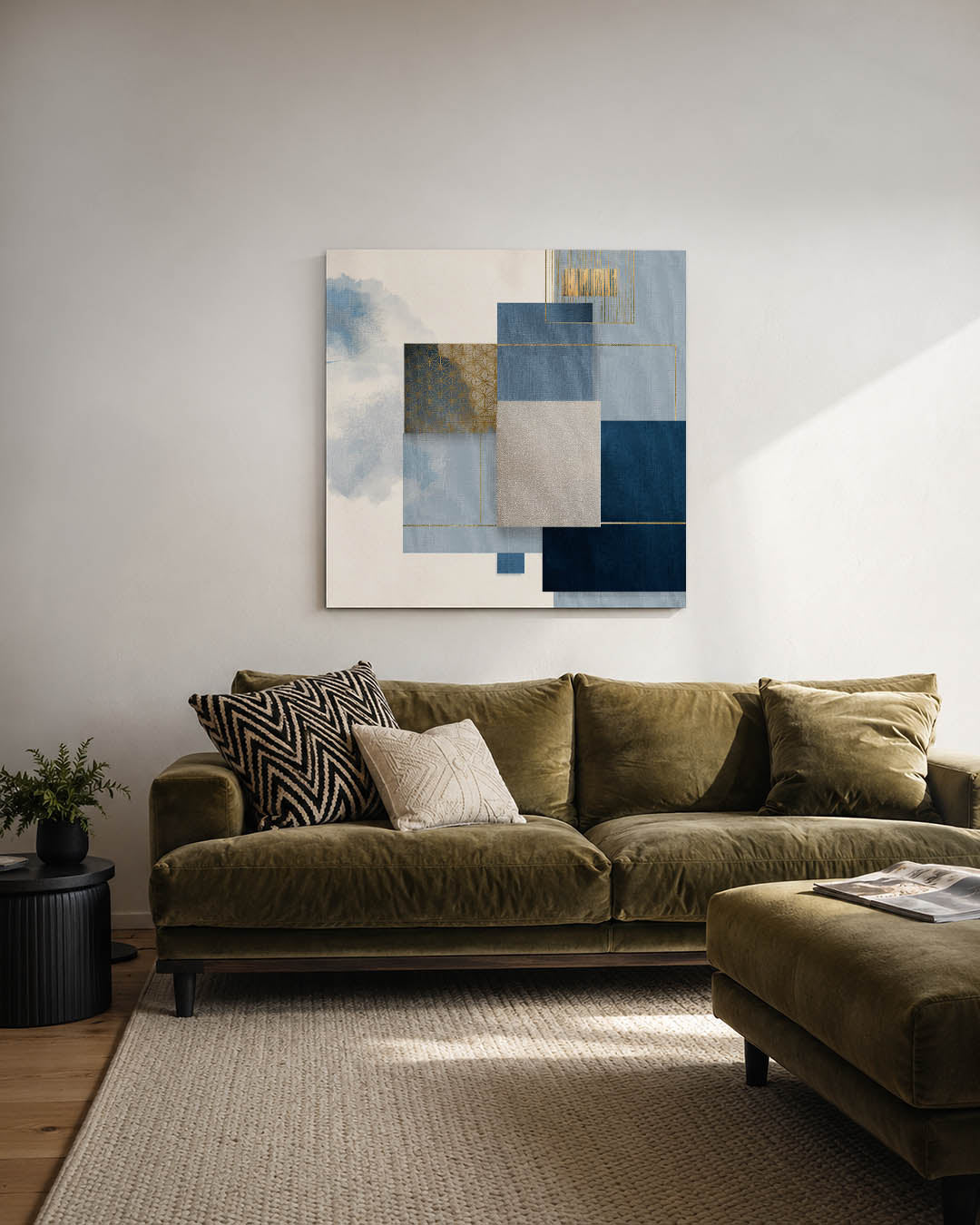 Geometrische compositie kunstwerk – derde productweergave – dit werk toont een harmonie van rechthoeken en lijnen in blauw