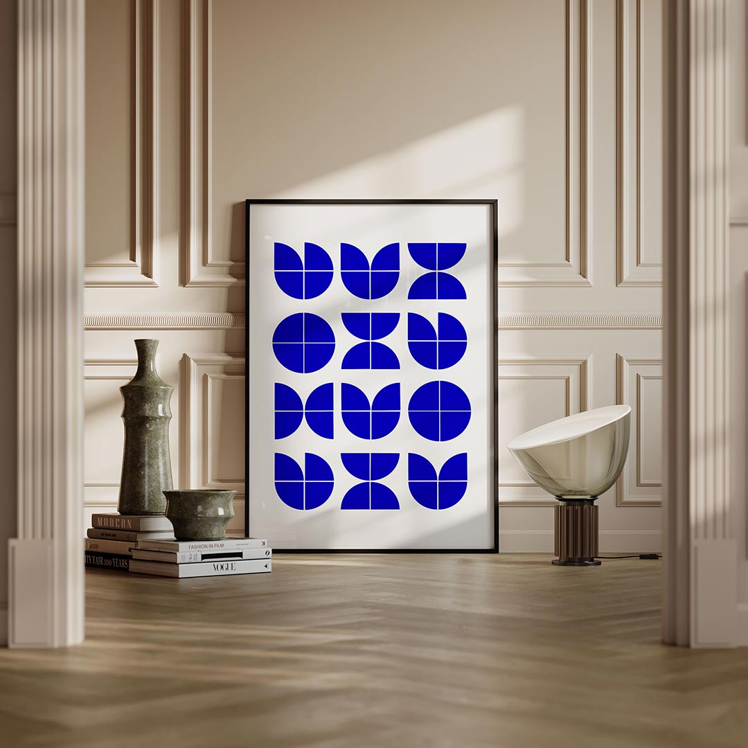Vormritme blauw – moderne Bauhaus wandkunst als poster