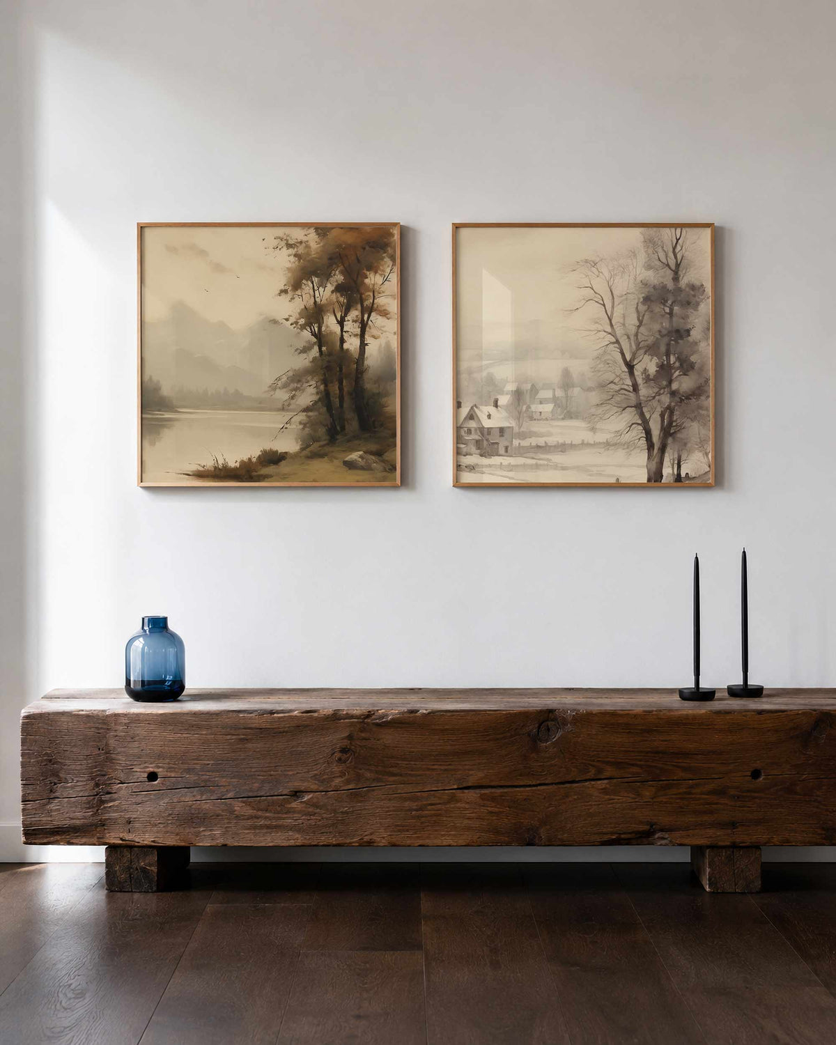 Interieurpresentatie van een tweedelige vierkante posterset met winterlandschap met bomen