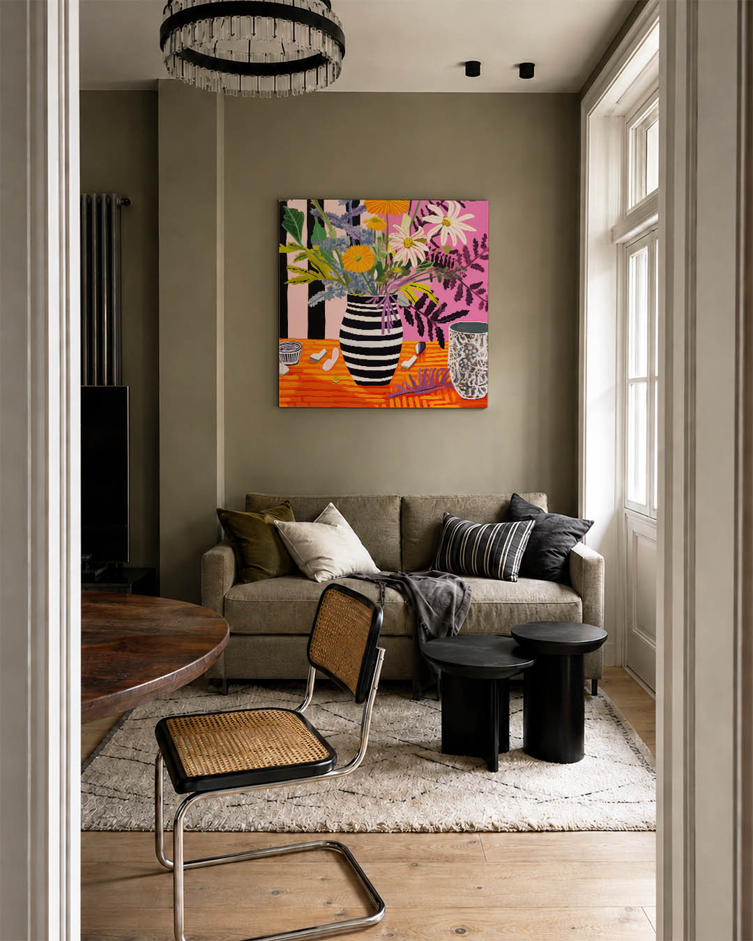 Bloemrijke compositie kunstwerk – tweede productweergave – dit kunstwerk toont een levendige bloemenvaas met contrasterende