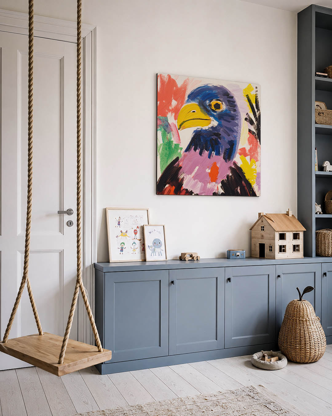 Kleurrijke vogel kunstwerk – vierkante wanddecoratie – dit werk toont een vogel met levendige kleuren en dynamische