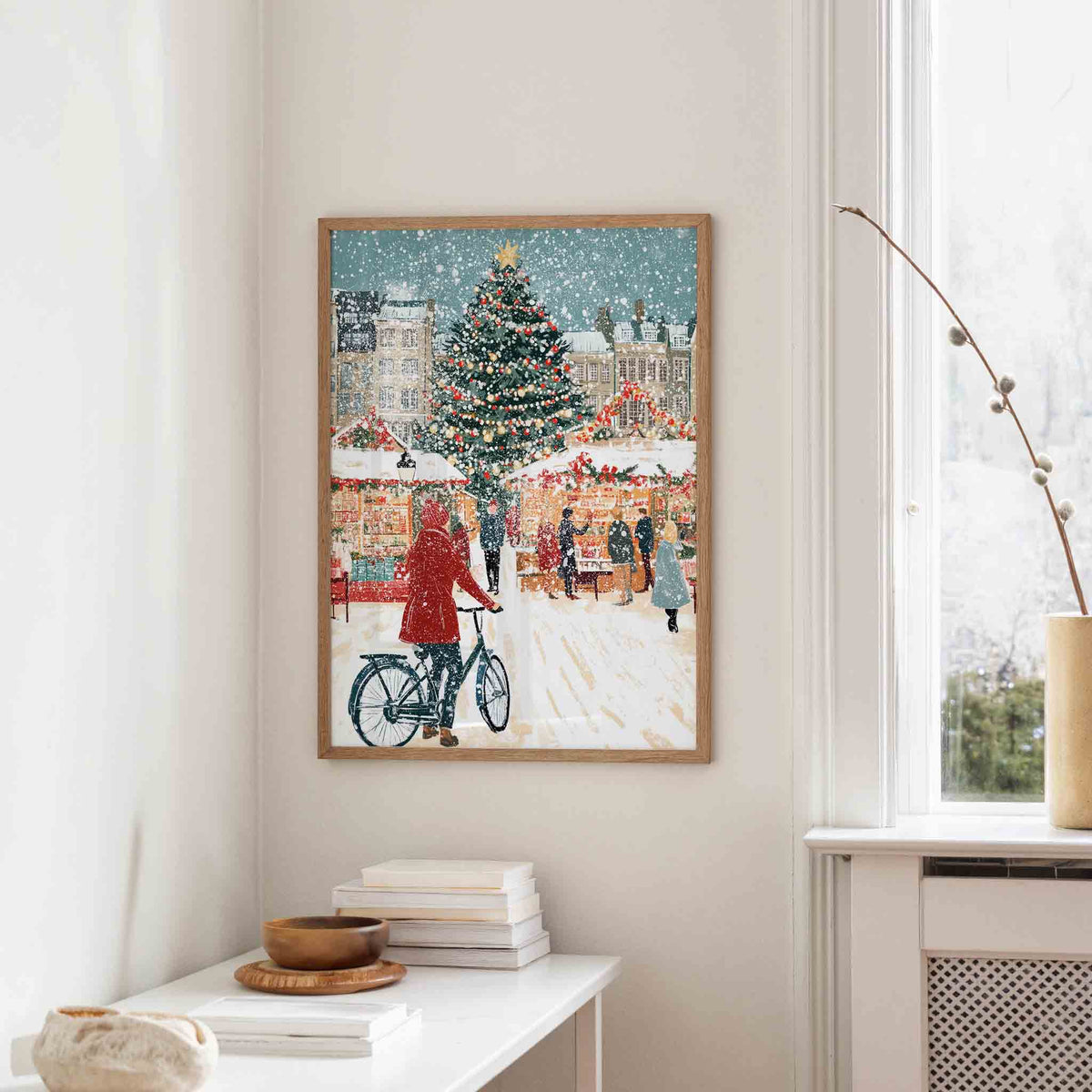 Kerstmarkt met sneeuw – staande kerst wanddecoratie van WallArtistic