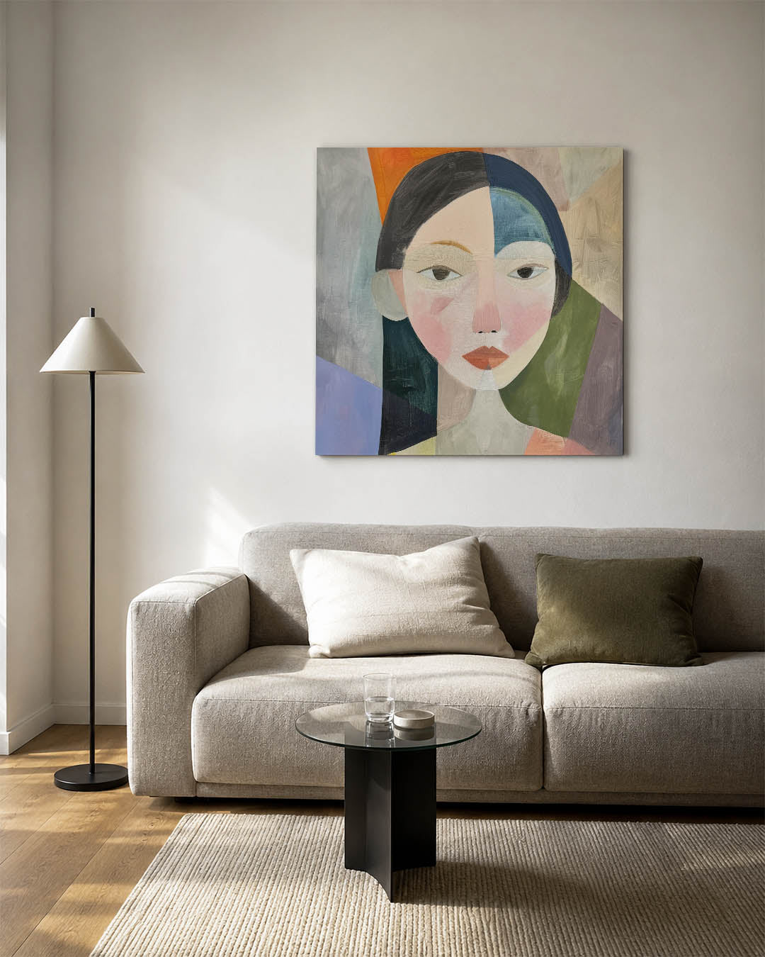 Geometrisch portret kunstwerk – vierkante wanddecoratie – dit werk toont een gezicht opgebouwd uit geometrische vormen en