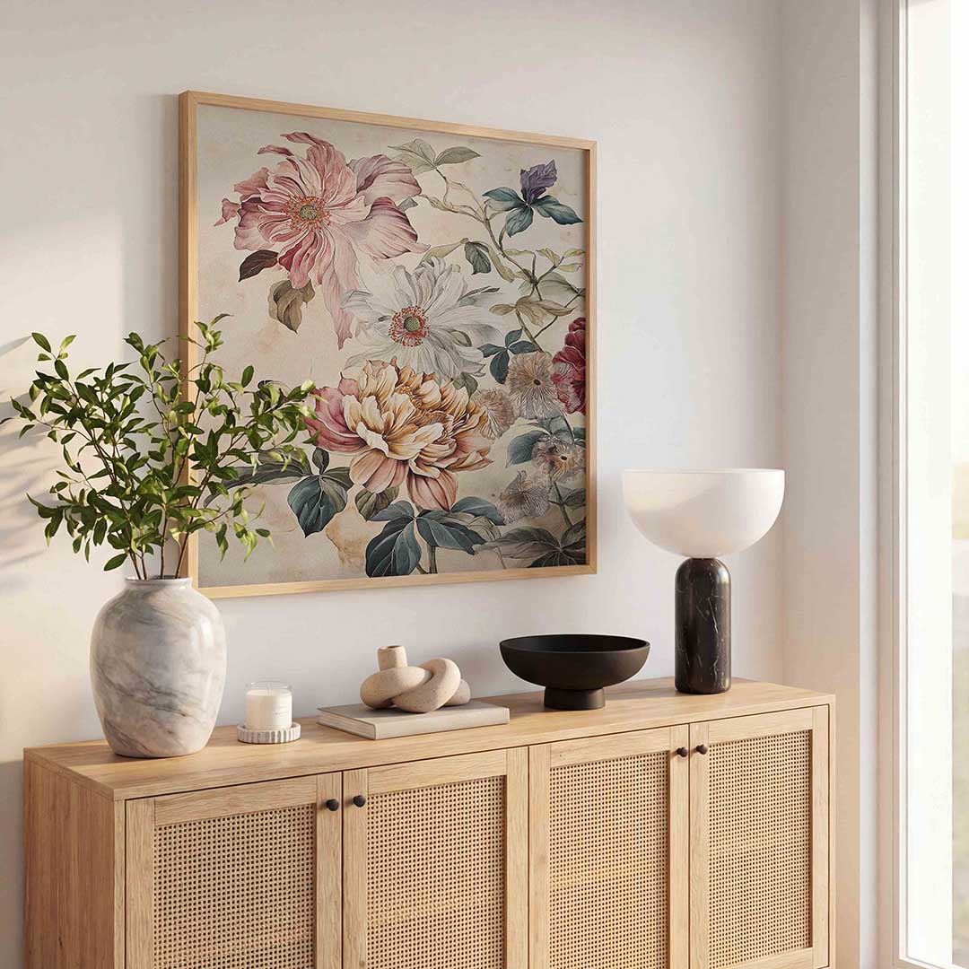Bloemen en bladeren – bloemen wandkunst als vierkante poster