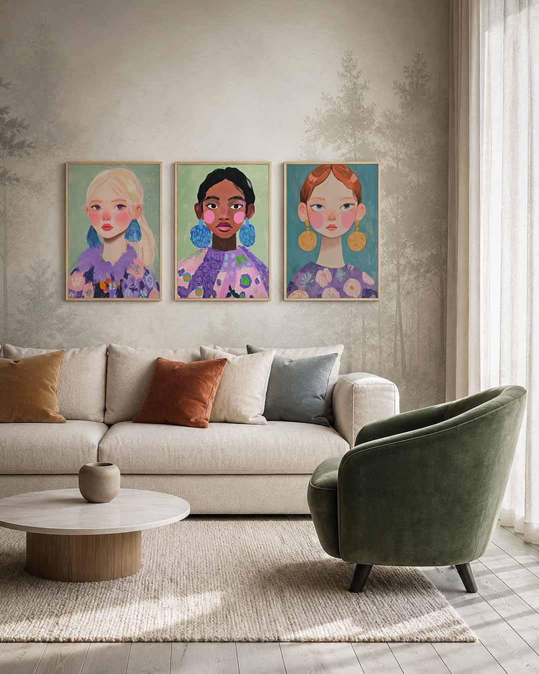 Portret met kleurvlakken driedelige posterset – een levendig portret met zachte pasteltinten