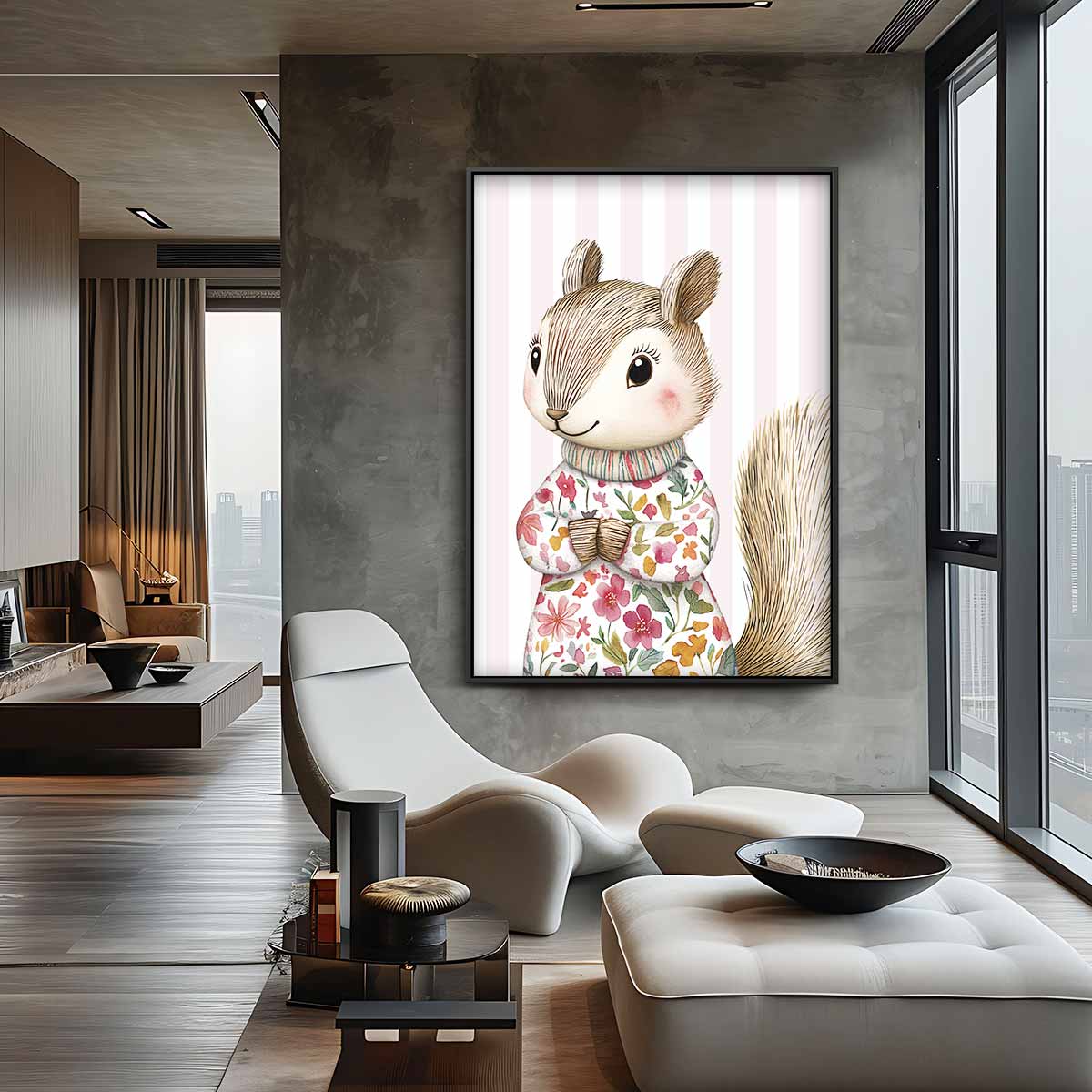 Schattige Bloemen Eekhoorn – canvas wanddecoratie in portret formaat