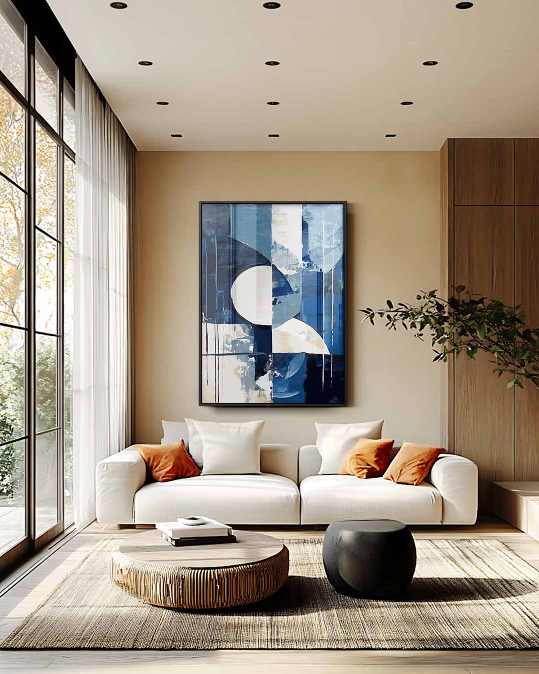 Abstracte Blauwe Geometrie – staande wandkunst voor woonkamer of interieur