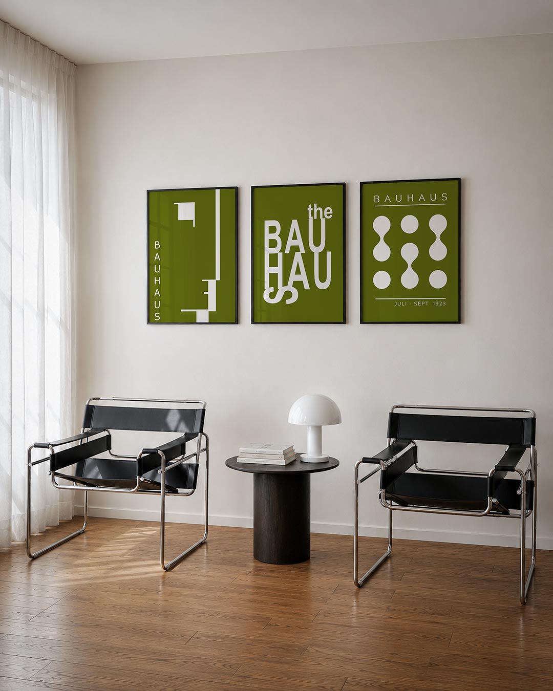 Lijnen en vlakken driedelige posterset – deze posterset in drie delen toont een spel van olijfgroene en witte vlakken.