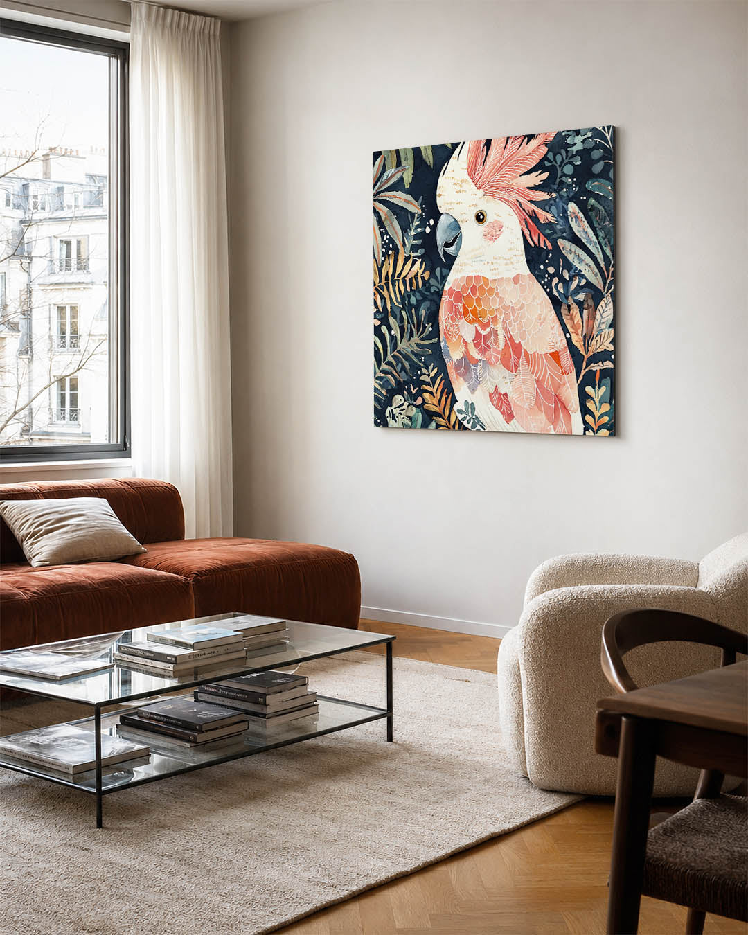 Vrolijke vogel illustratie kunstwerk – vierkante wanddecoratie – dit werk toont een kleurrijke vogel omringd door weelderige