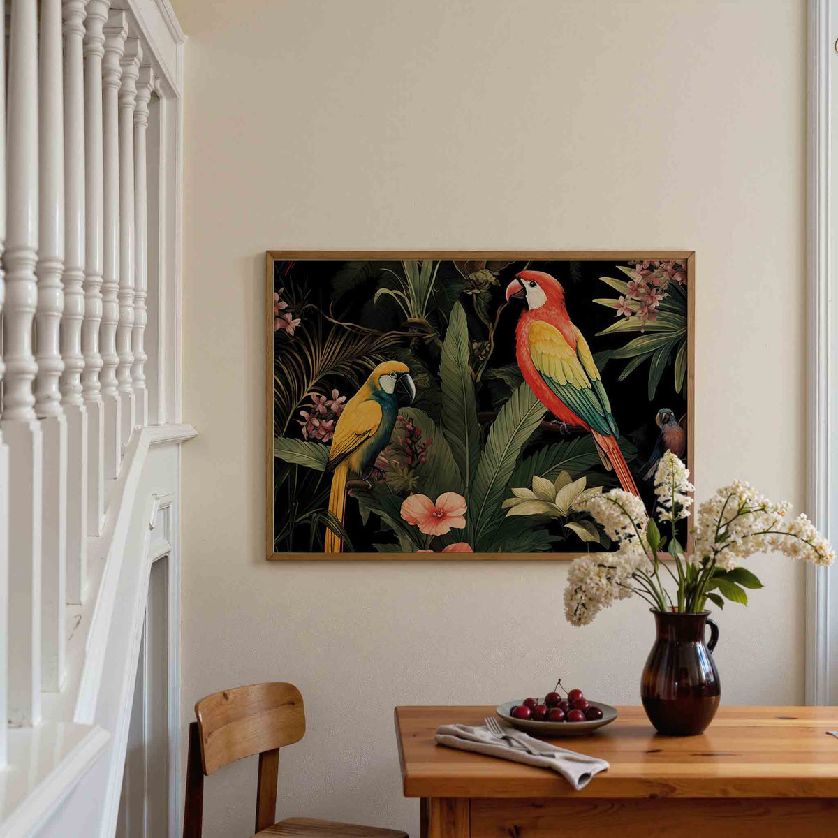 Papegaaien en bladeren – tropische poster in liggend formaat