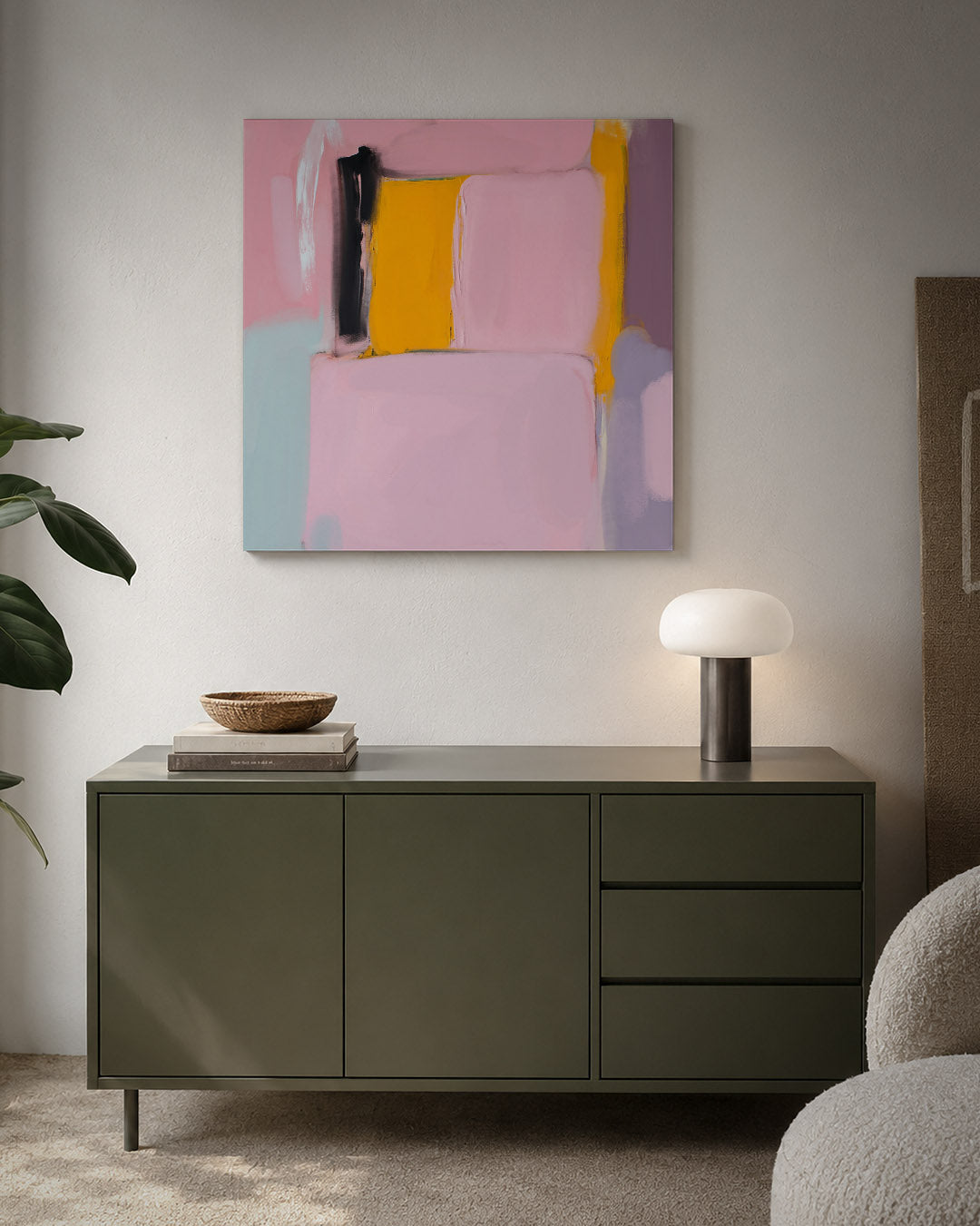 Kleurrijke vlakken kunstwerk – detailweergave – dit werk toont grote rechthoekige vlakken in zachte tinten. De compositie is