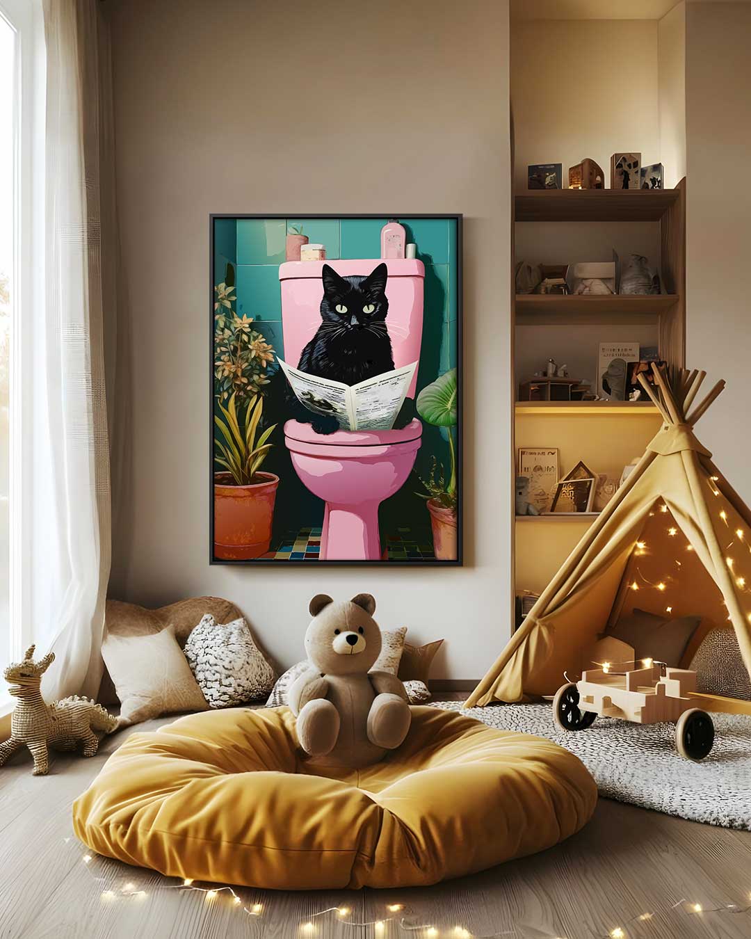 Kat op het Toilet – canvas wanddecoratie in portret formaat