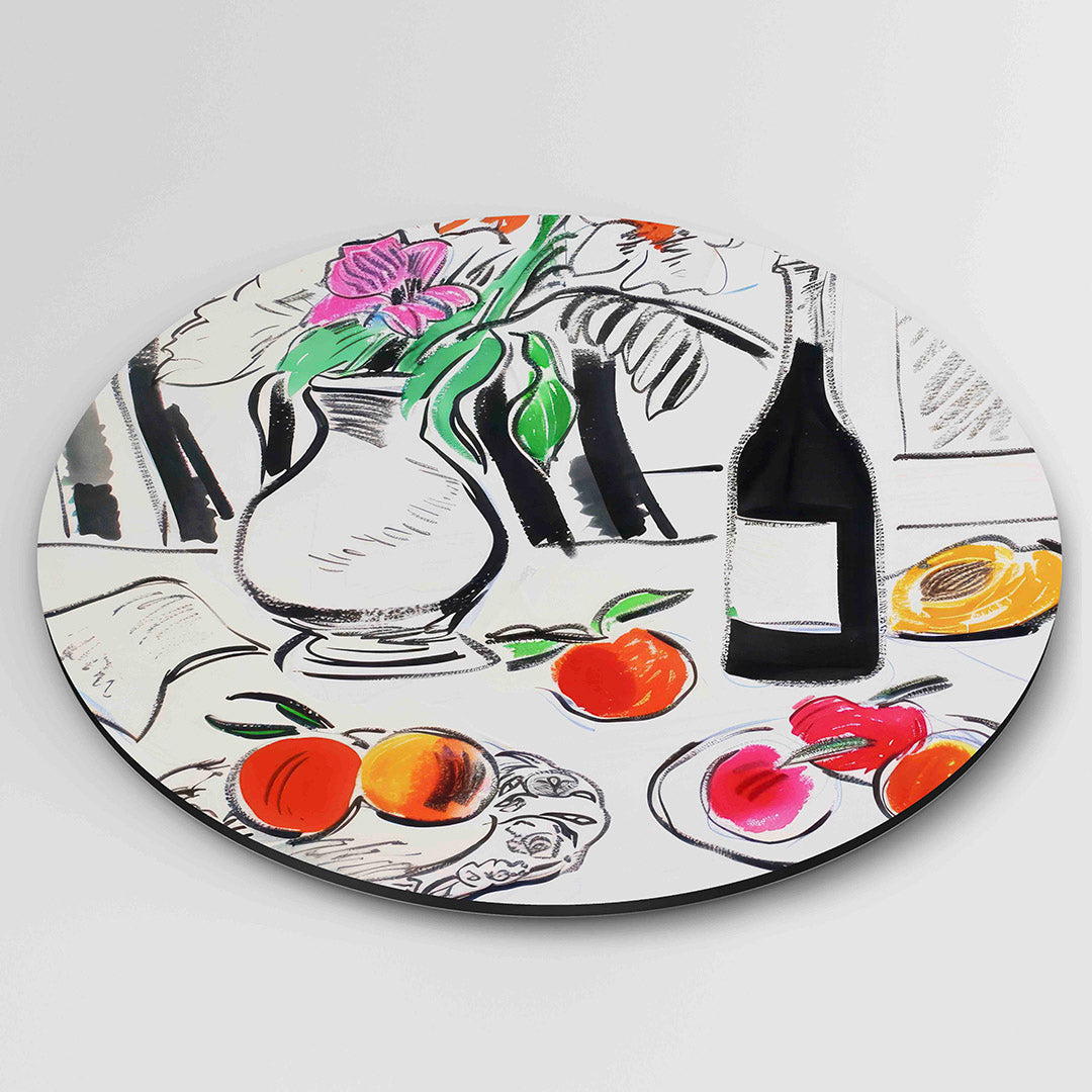 Stilleven met fruit en bloemen – ronde wanddecoratie met abstract ontwerp