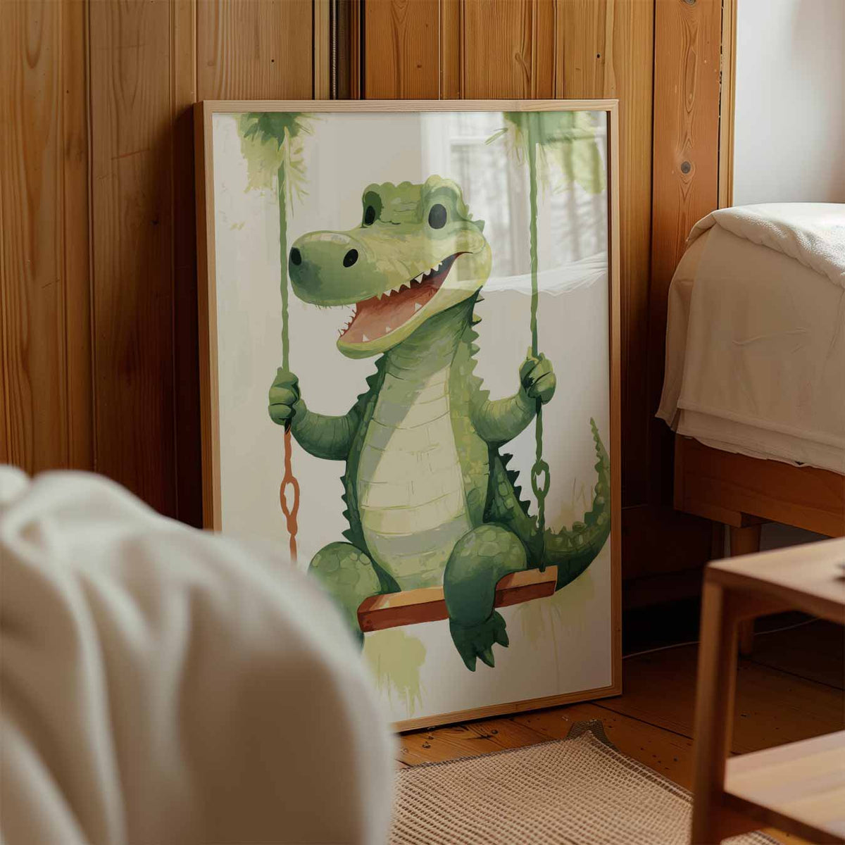 Schattige Krokodil op Schommel – kinderposter in staand formaat