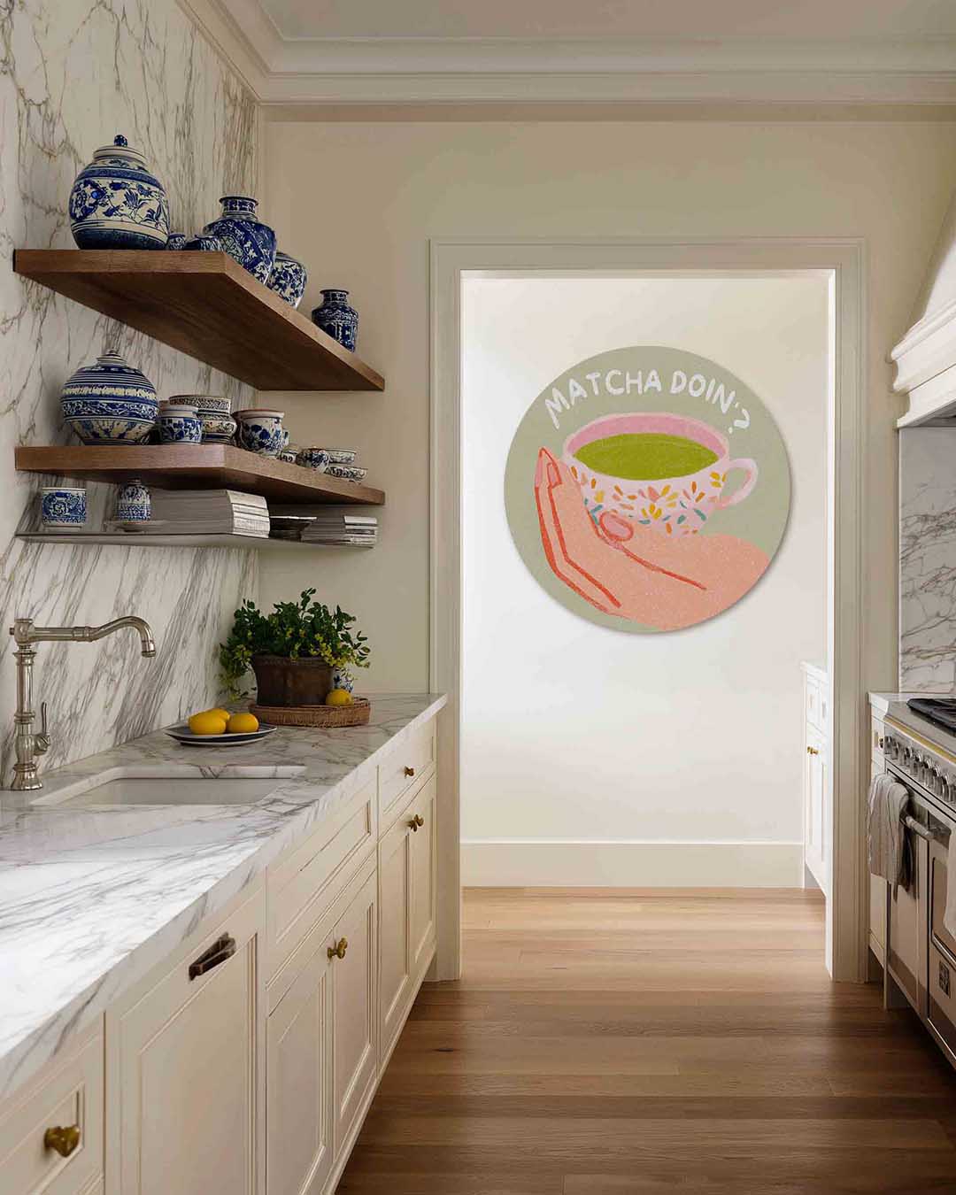 Matcha theekopje – moderne abstracte muurcirkel voor aan de muur