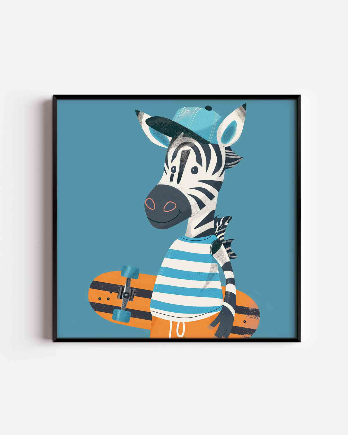 Zebra met skateboard – vierkante kinderposter als wanddecoratie